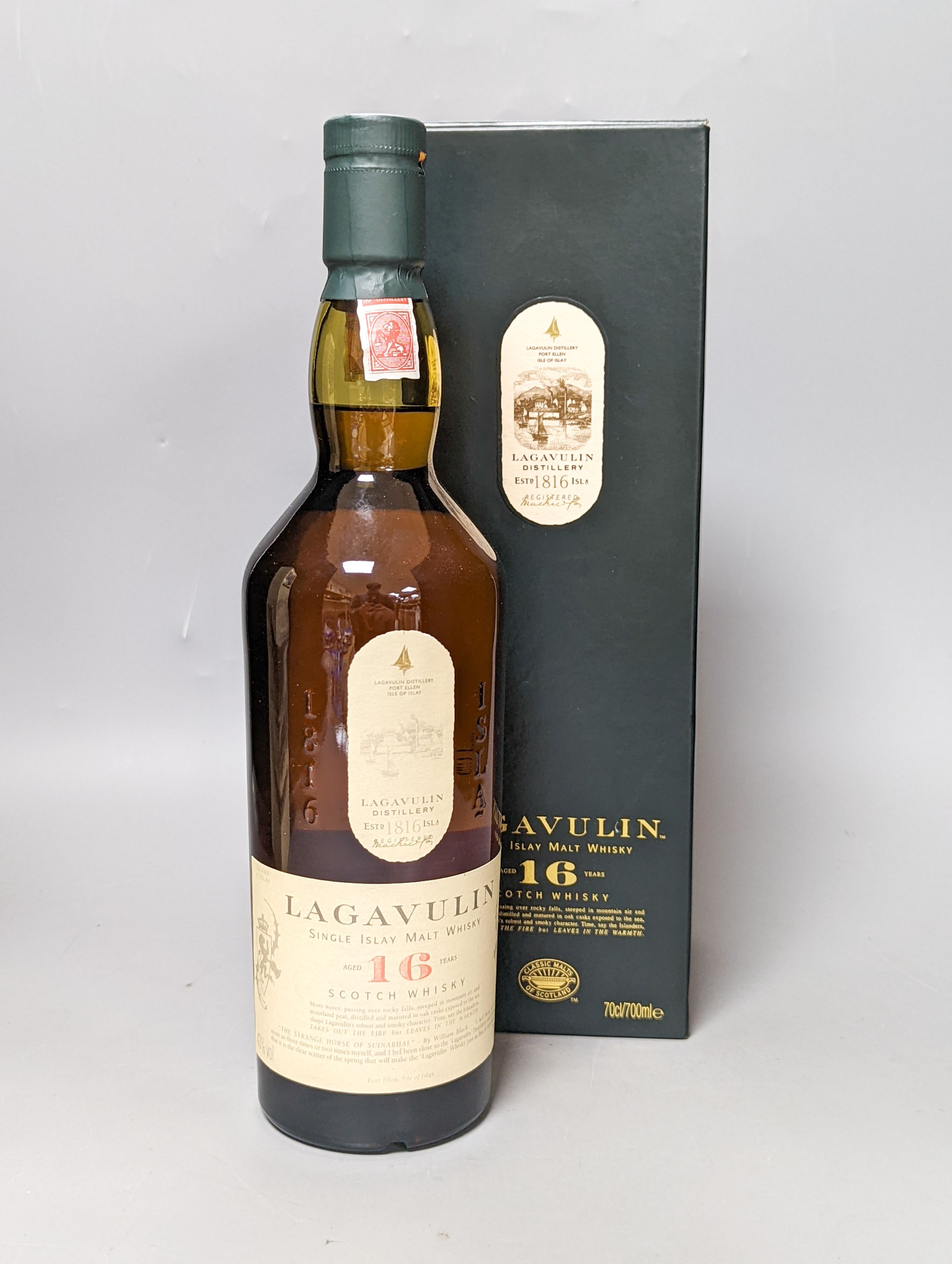 Four assorted bottles of whisky including Lagavulin 16 year old single malt, Royal Lochnagar 12 year old single malt, Tamnavulin single malt aged 12 years and The Antiquary aged 12 years, all boxed.